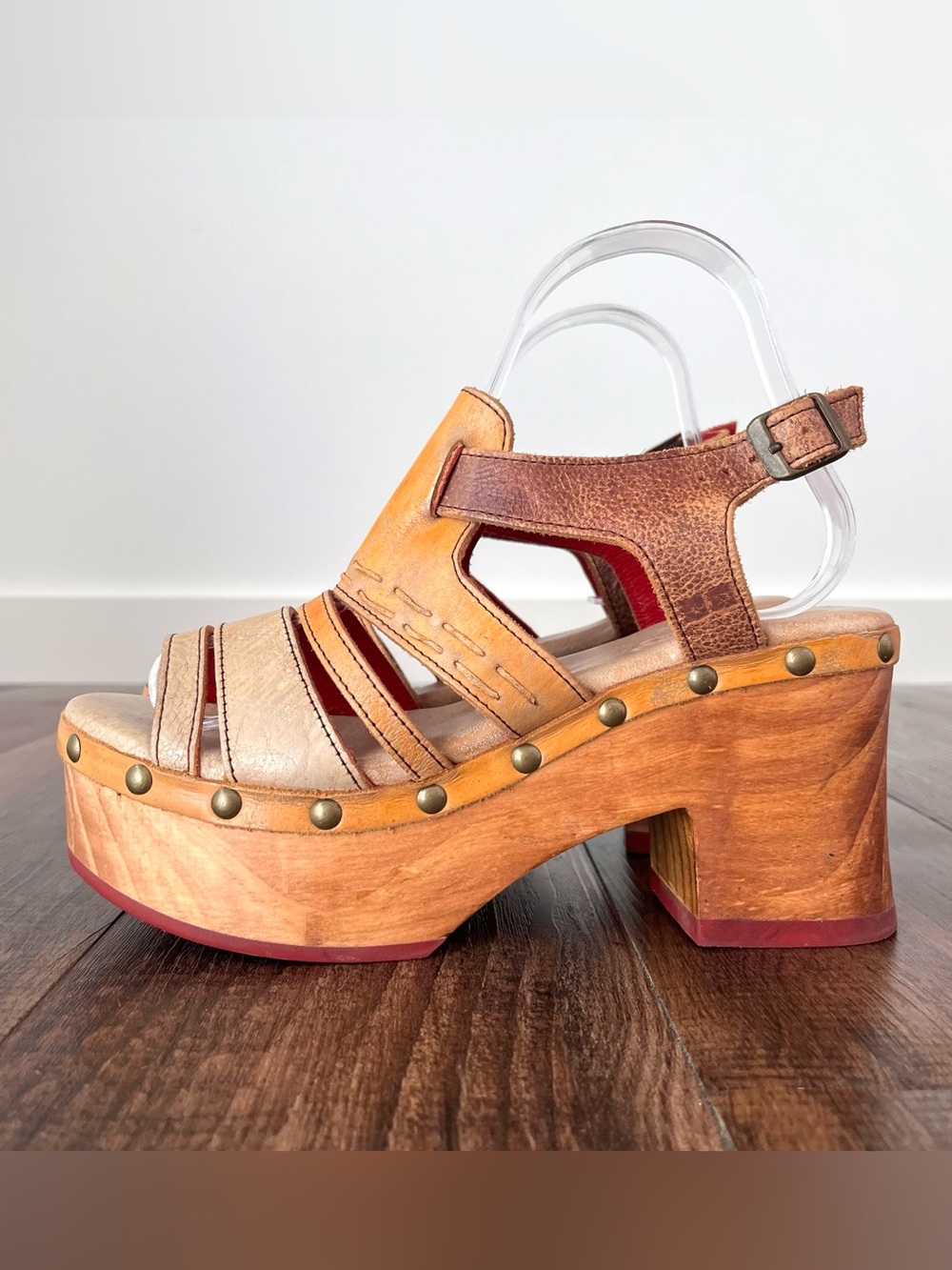 Bed Stu Falabella Leather Platform Sandal Wood Block Heel Studded Size 8.5 Multi